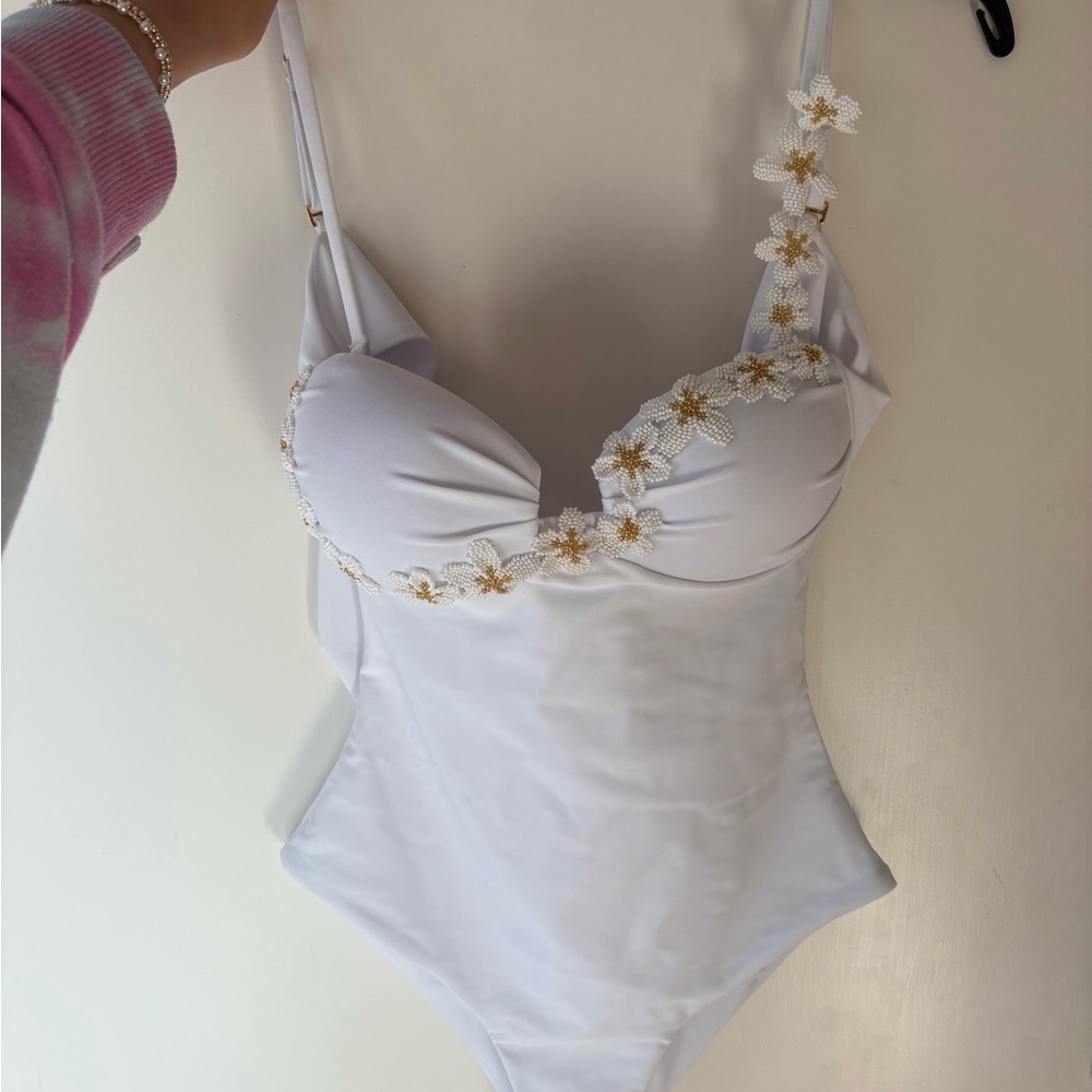 Sandy bottom Seimwear White Floral Embellished Swimsuit Onepiece